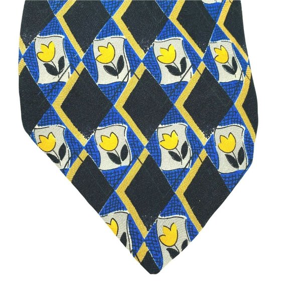 Robert Talbott Mens Tie‎ Studios Black Blue Yellow Floral Accents 100% Silk USA - Picture 2 of 10